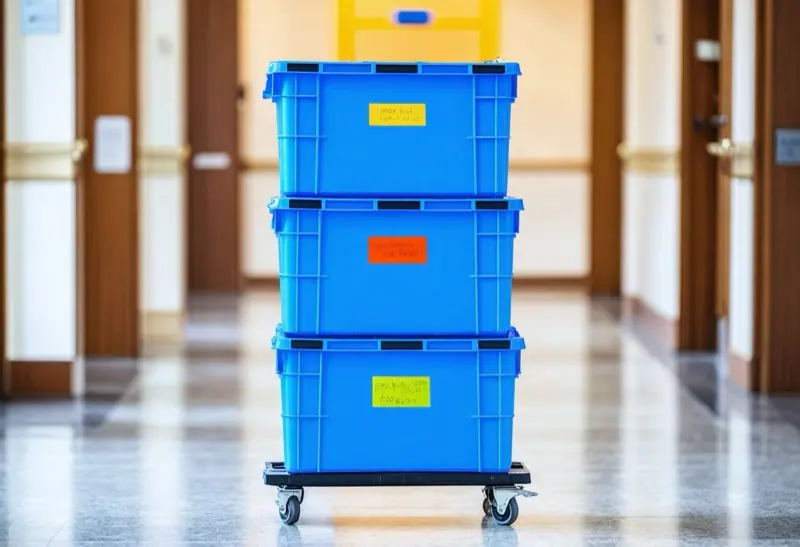 Three labelled blue moving crates stacked on a dolly in a corridor
