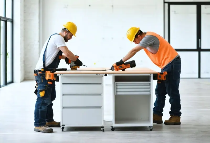 Two installers in hard hats assembling office desks with drills