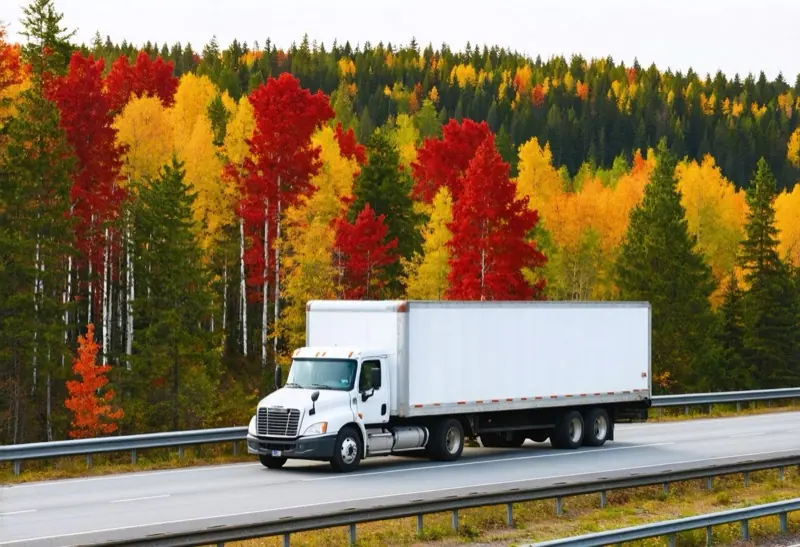 Moving truck on a highway through a forest in autumn colours