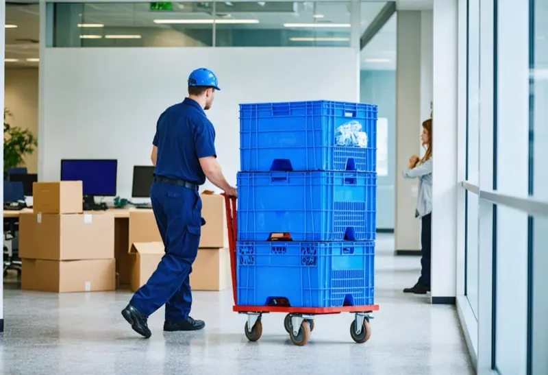 Mover wheeling a stack of blue plastic moving crates through an office