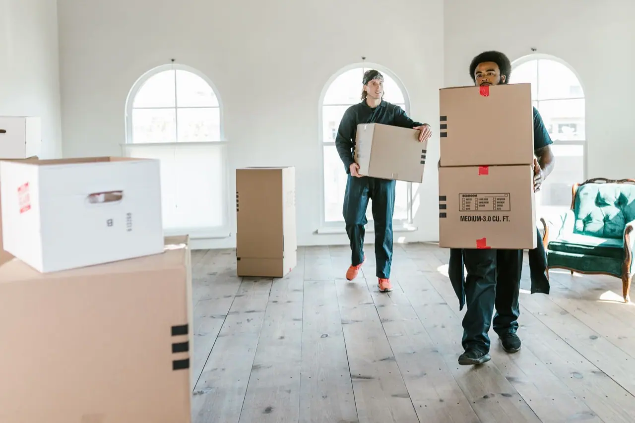 Two movers carrying cardboard boxes through a bright room